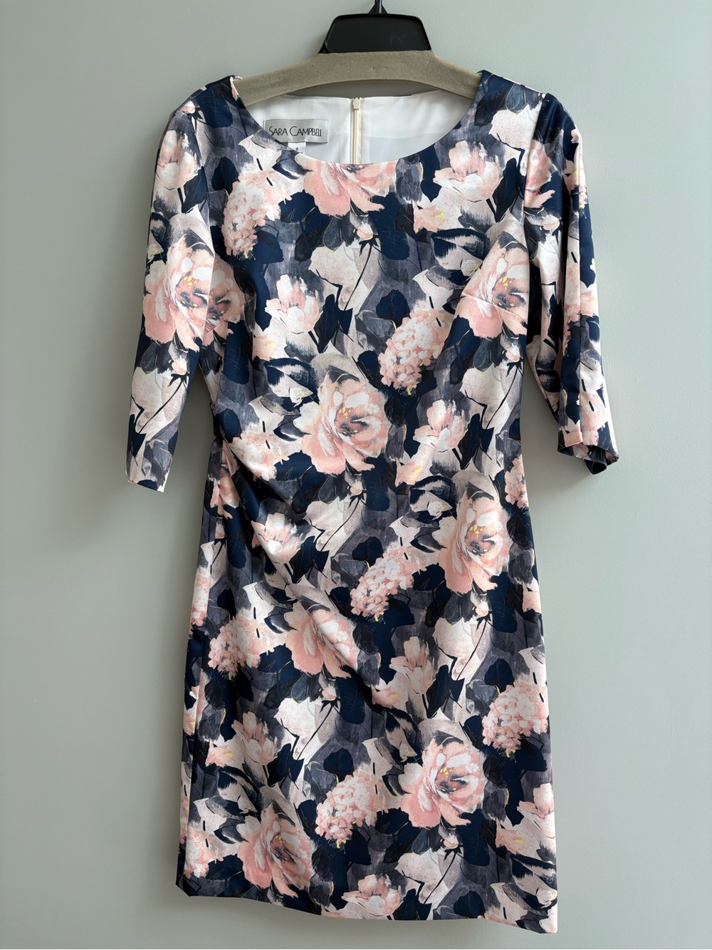 Sara Campbell Navy and Blush Floral Sheath Dress with Elbow Sleeves